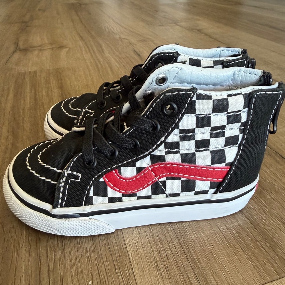Vans Sk8-Hi Zip Toddler 6.0 Checkerboard Black Red High Top Sneakers 721356 - Picture 4 of 10